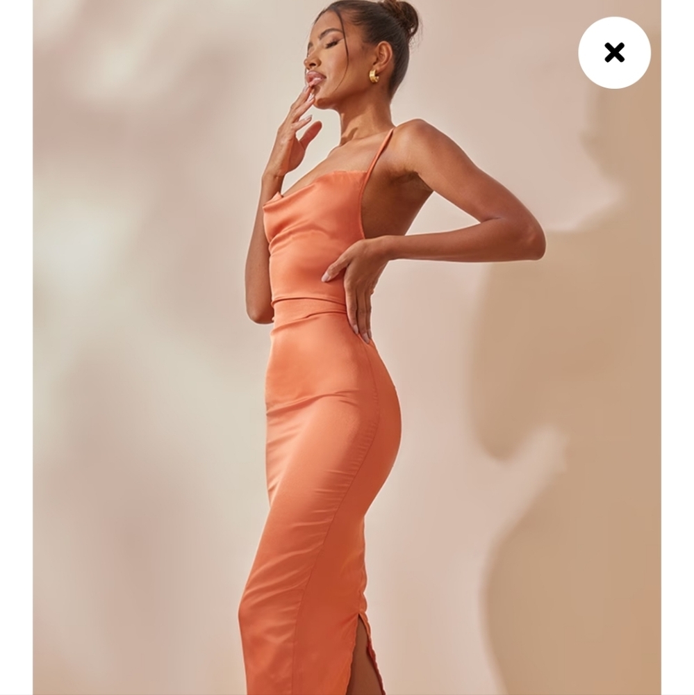 BRAND NEWPretty Little Thing Rust Strappy Backless Neck Satin Midi Dress Size 8